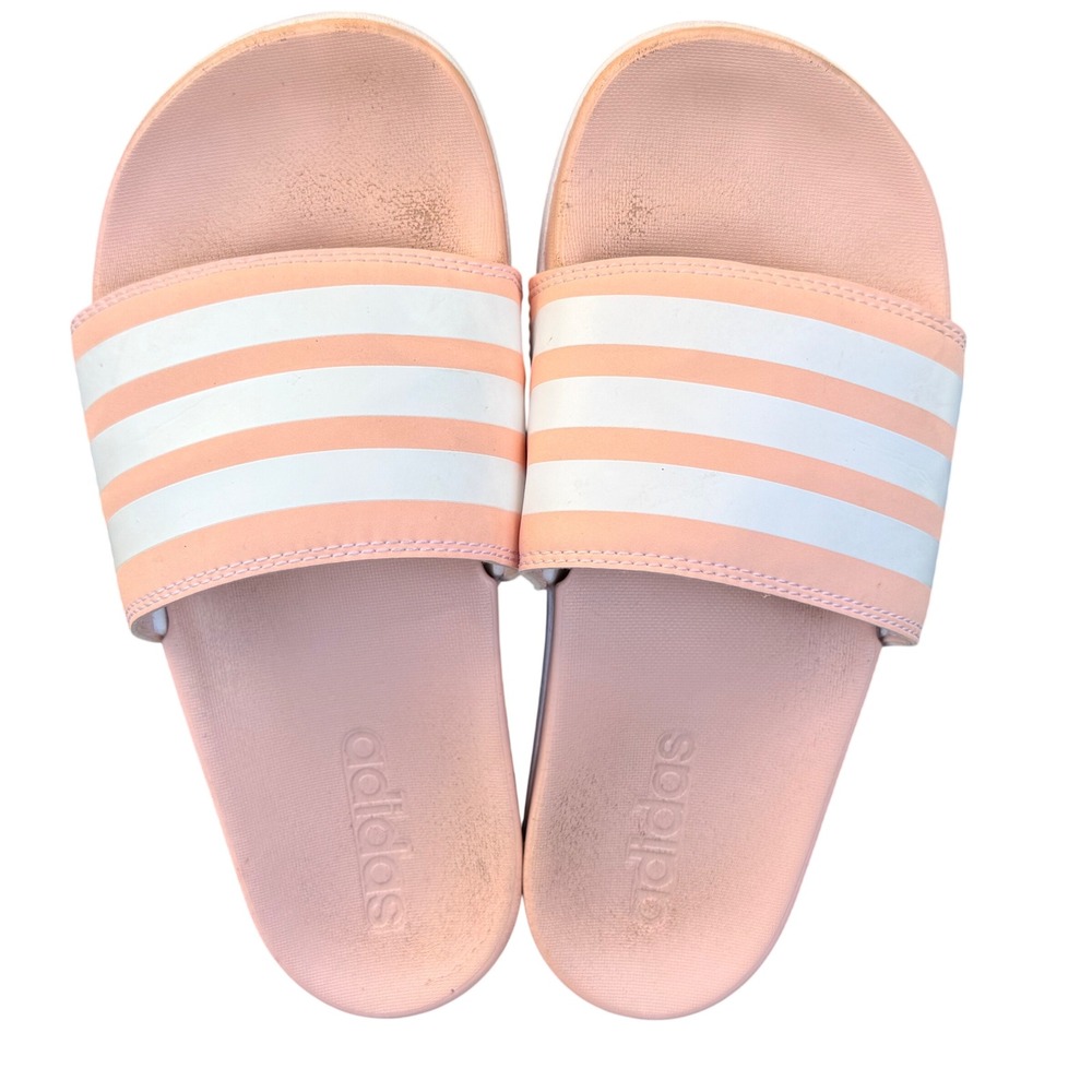 Adidas Adilette Comfort Slides Peach Pink White 3 Stripe Athletic Sandals Shoes